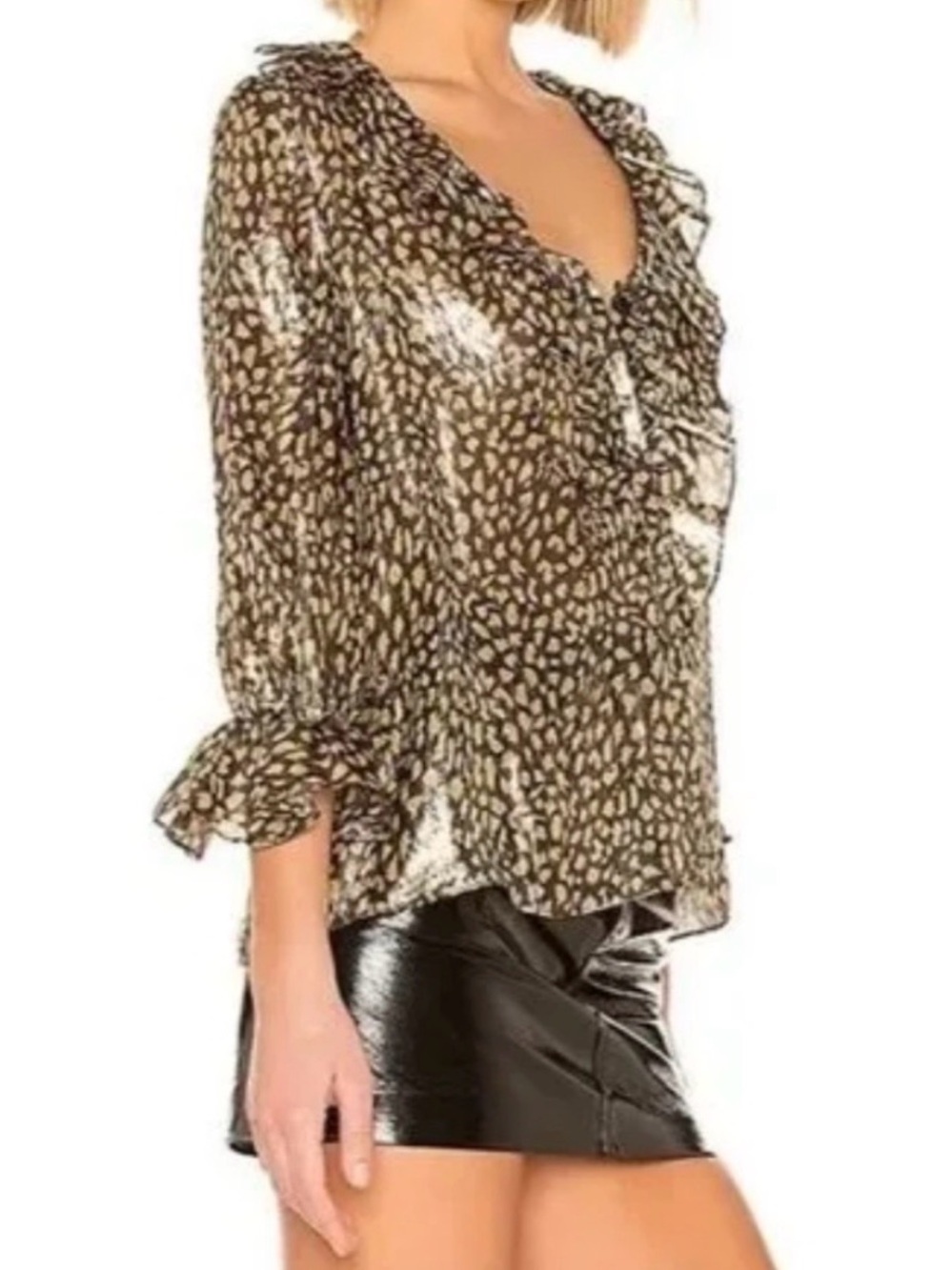 Alice + Olivia Ruffle-Trim Silk Animal Print Blouse
